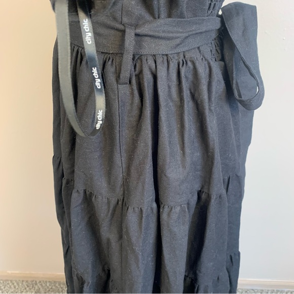 City Chic Linen Blend Off Shoulder Tiered Puff Sleeve Midi Dress - Picture 8 of 14